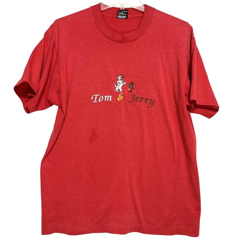 Vintage Tom And Jerry Embroidered Red T-Shirt Size L Fruit Of The Loom Best USA
